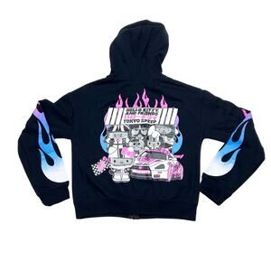 Hello Kitty Tokyo Speed Crop Zip Hoodie Long Sleeve Juniors XS Racing Flames